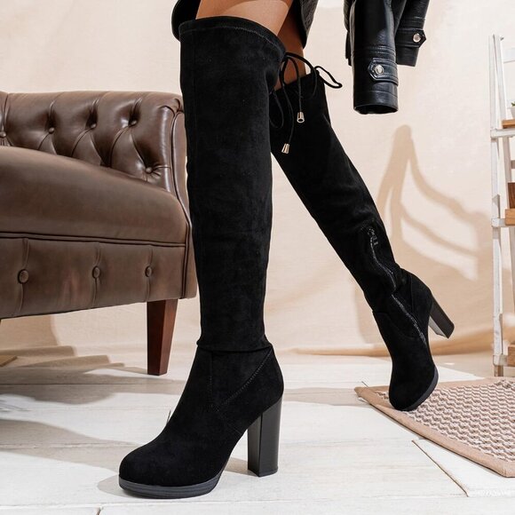 Women's Black-imitation Grain Suede Thigh High Over The Knee Rounded Toe Boot - Picture 4 of 6